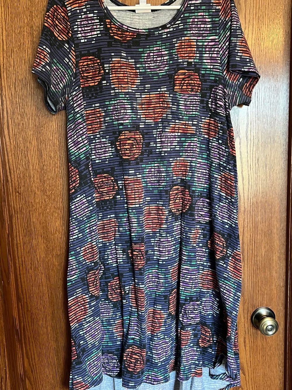 LuLaRoe Short Sleeve Midi Dress in Black with Coral, Purple & Teal Print
